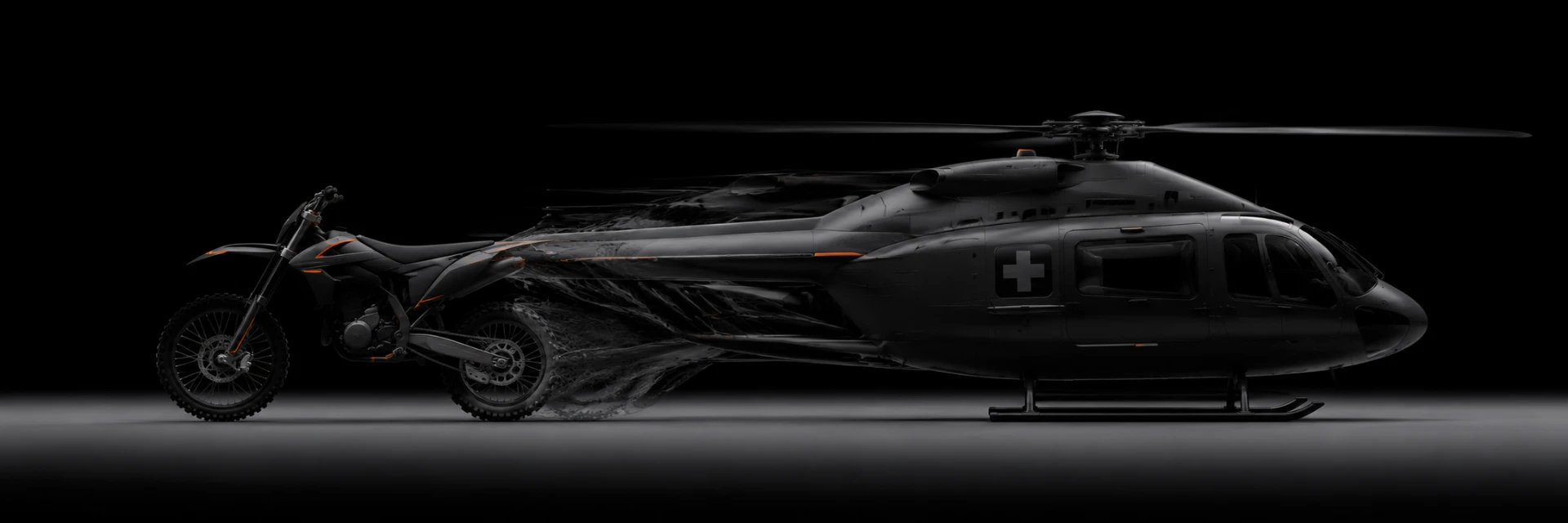 A race bike dissolving into a medevac helicopter