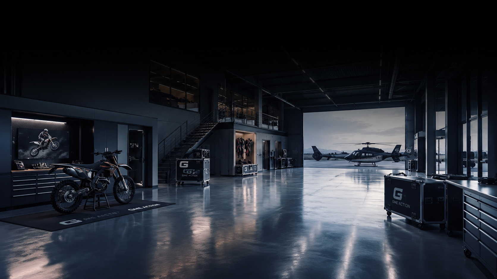 GME ACTION hangar with race bike and medevac helicopter